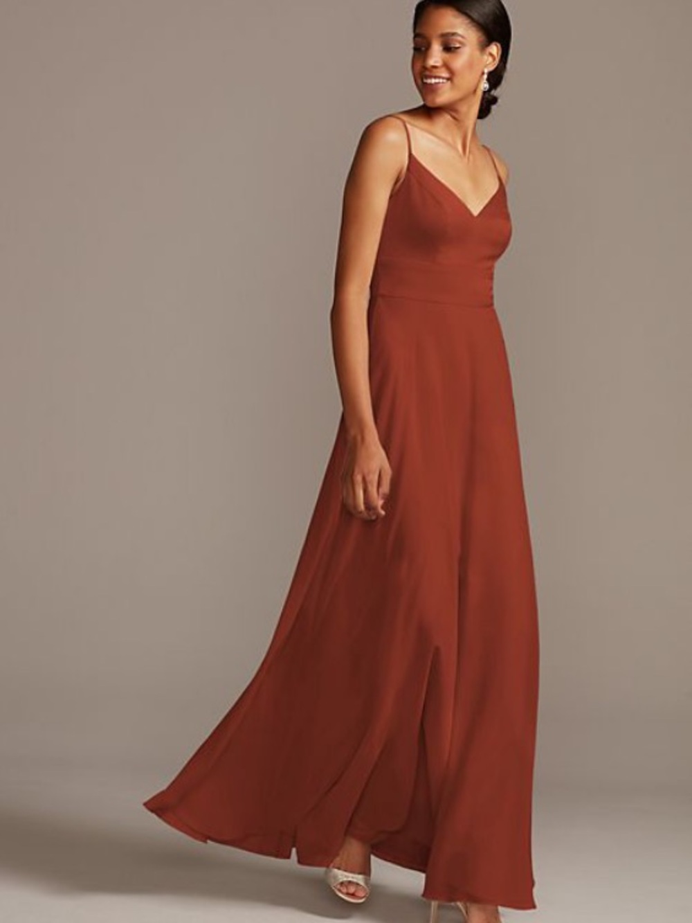 David's Bridal Rust Spaghetti Strap V-Neck A-Line Gown